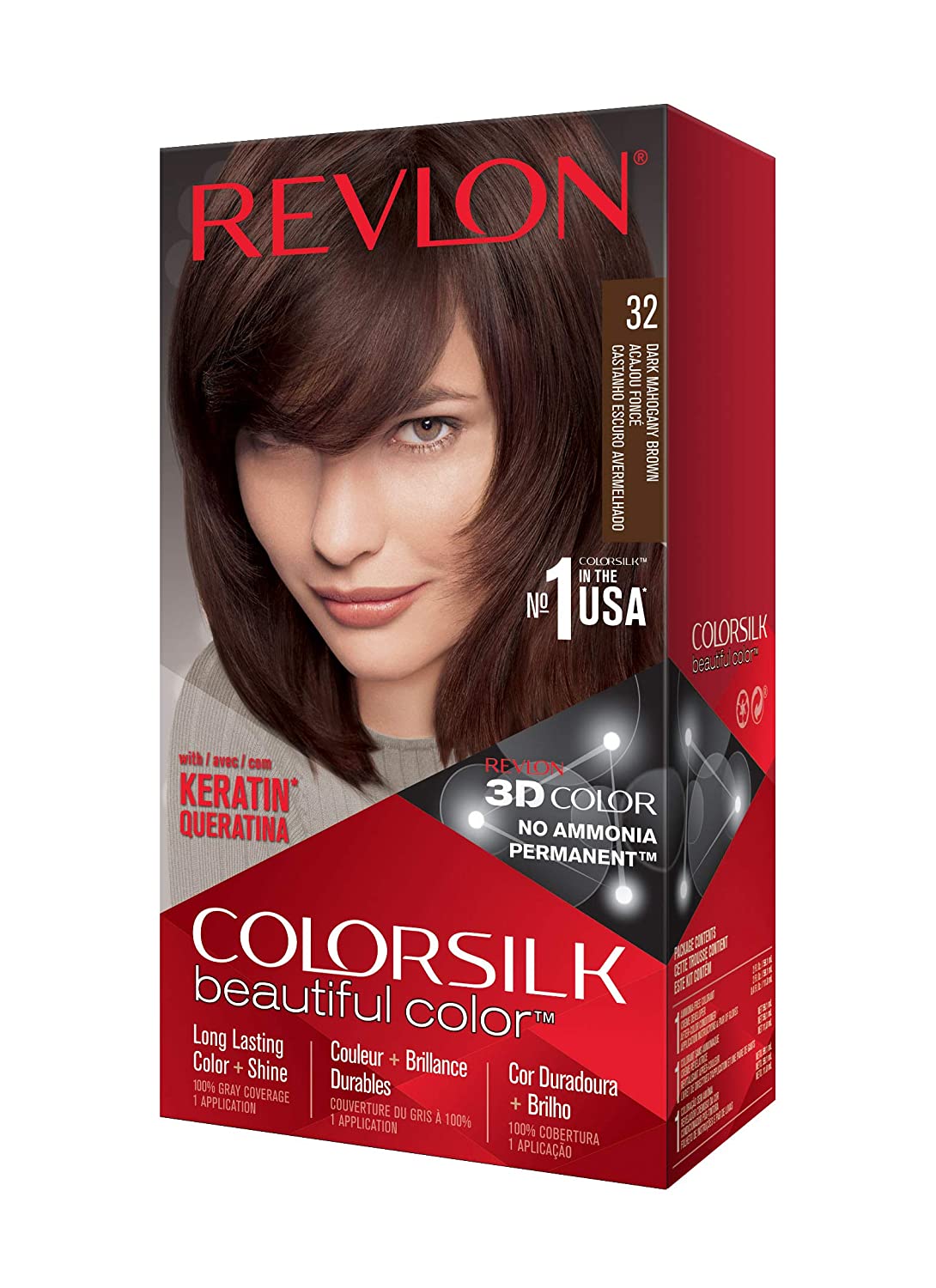 Revlon Colorsilk Beautiful Color Permanent Hair Dye with Keratin 100% Gray Coverage Ammonia Free #32 Dark Mahogany Brown