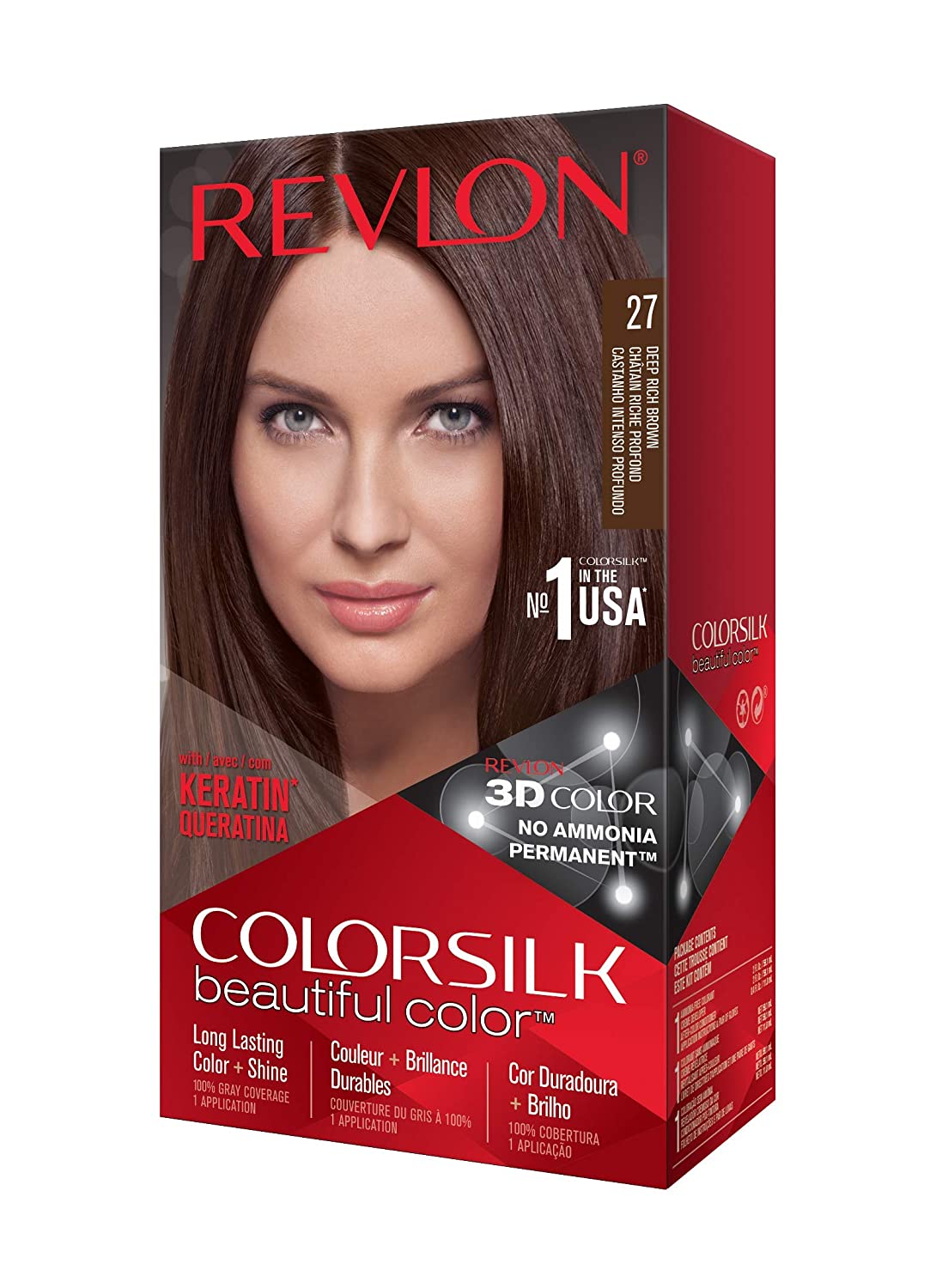 Revlon Permanent Hair Color Permanent Hair Dye Colorsilk with 100% Gray Coverage Ammonia-Free Keratin and Amino Acids #27 Deep Rich Brown 4.4 Oz (Pack of 1)