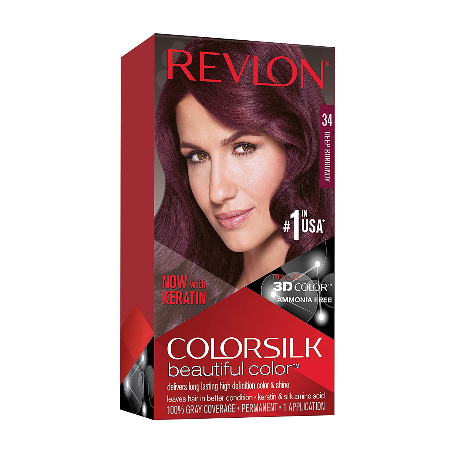 Revlon REV-95346 Permanent Hair Dye, Colorsilk with 100% Gray Coverage, Ammonia-Free, Keratin and Amino Acids, 34 Deep Burgundy, 4.4 Oz (Pack of 1)