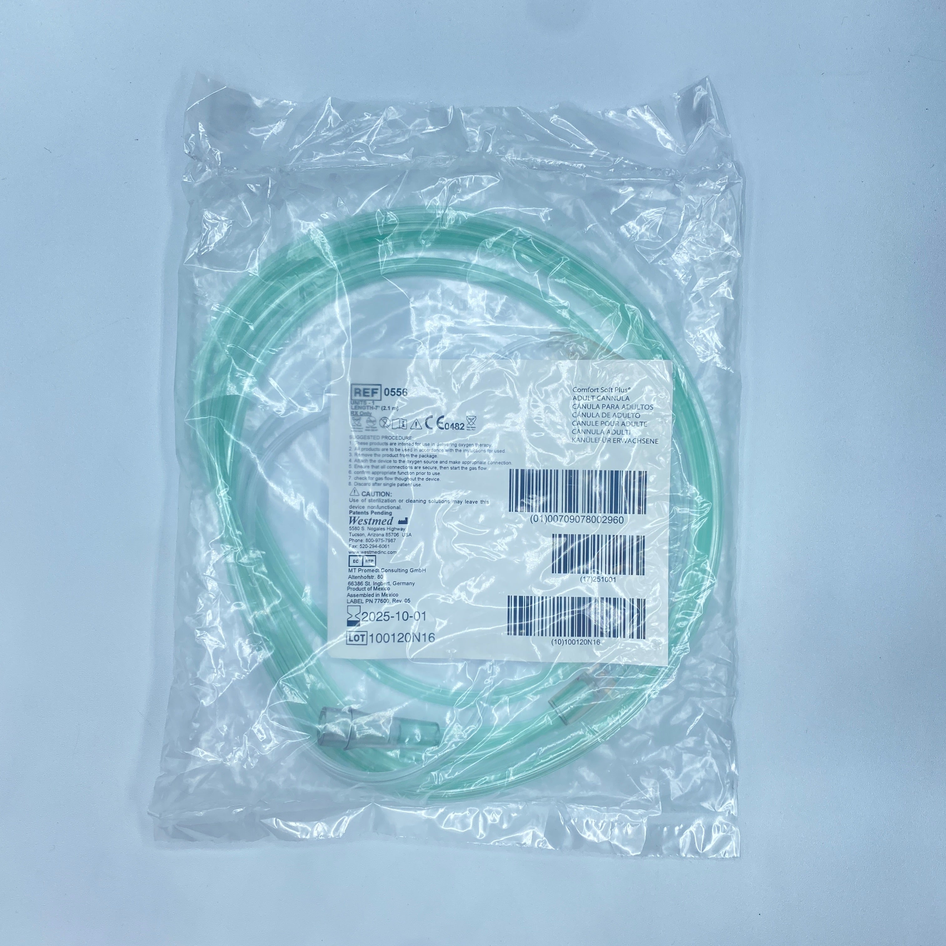 Westmed #0556 Adult Ultra Soft Oxygen Cannula, green tubing - 7 Ft