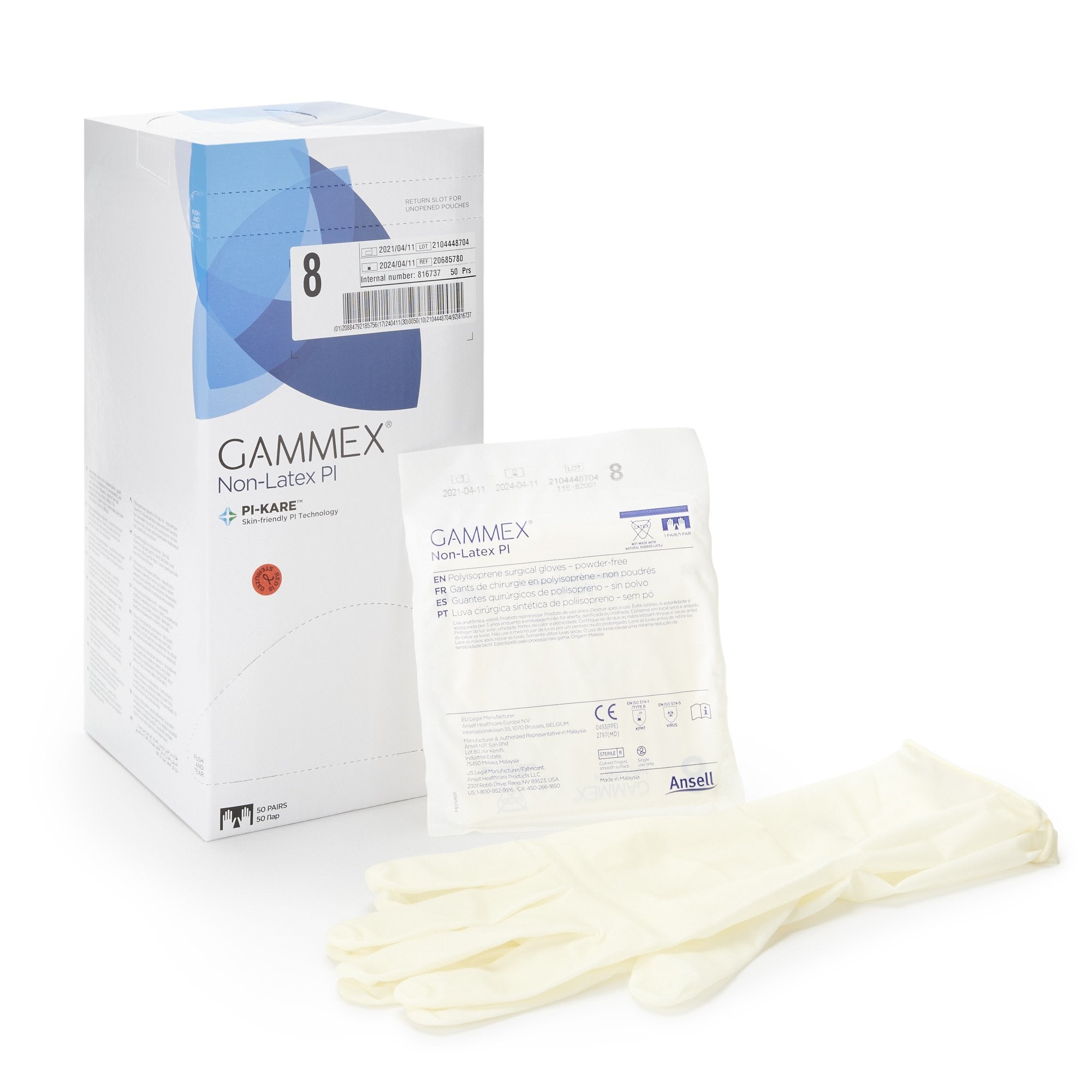 Ansell 20685780 Surgical Glove GAMMEX® Non-Latex PI Size 8 Sterile 50/bx