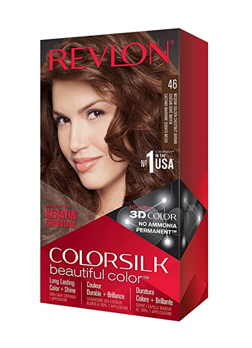 REV-95469 Revlon Permanent Hair Color Permanent Hair Dye Colorsilk with 100% Gray Coverage Ammonia-Free Keratin and Amino Acids, #46 Medium Golden Chestnut Brown