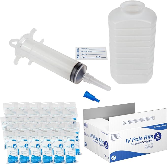 Dynarex 4265 Enteral Feeding & Irrigation IV Pole Kit Non Sterile Reusable Poly Bag 500cc Bottle 60cc Syringe Adhesive Label  5 mil Tube Adapter Case of 30 Kits