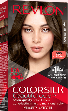 Permanent Hair Color by Revlon, Permanent Hair Dye, Colorsilk with 100% Gray Coverage, Ammonia-Free, Keratin and Amino Acids, 41 Medium Brown, 4.4 Oz (Pack of 1)