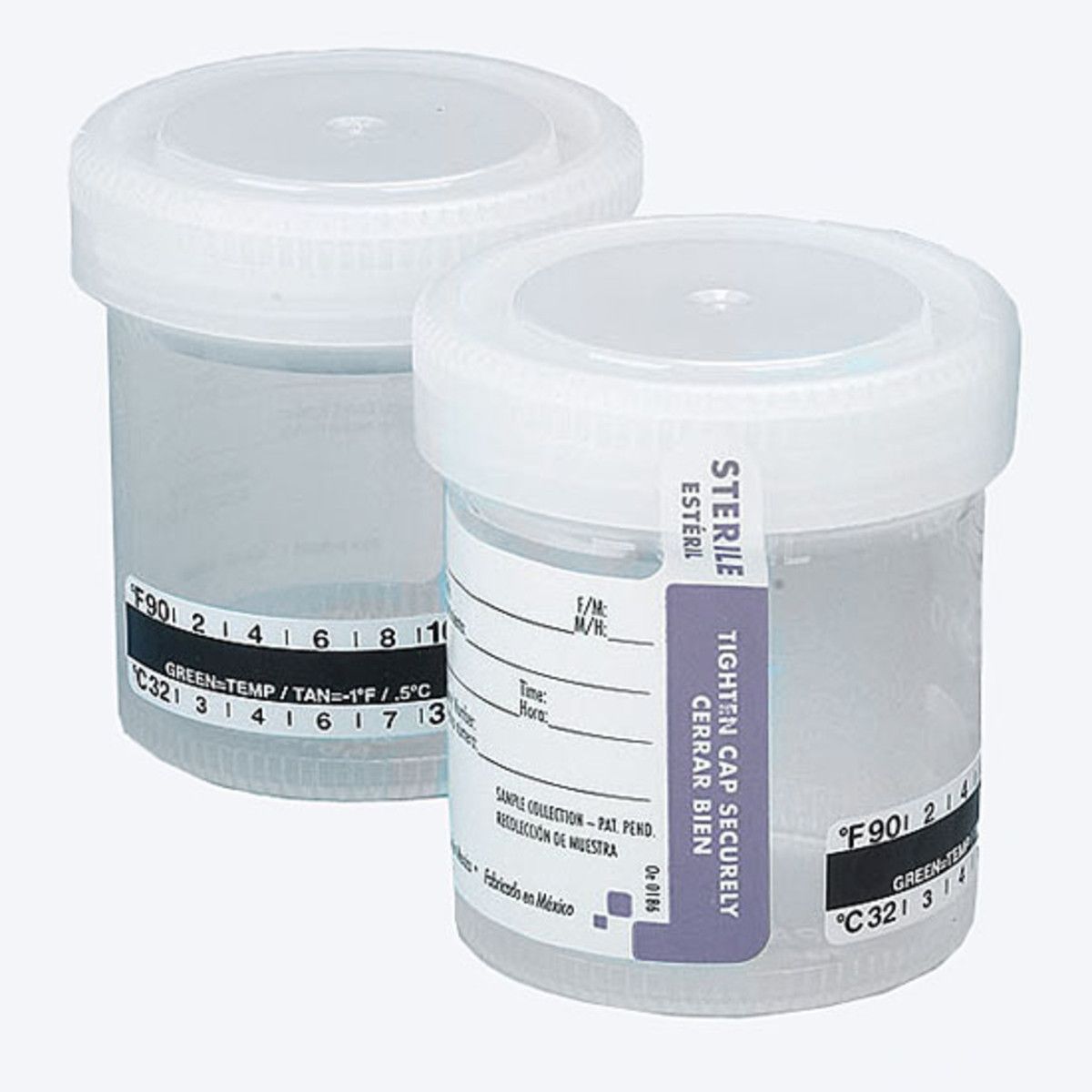 Globe Scientific 6236 Drug Testing Specimen Container with Temperature Strip 57 X 73 mm 90 mL (3 oz.) Screw Cap Patient Information Sterile (Case of 300)