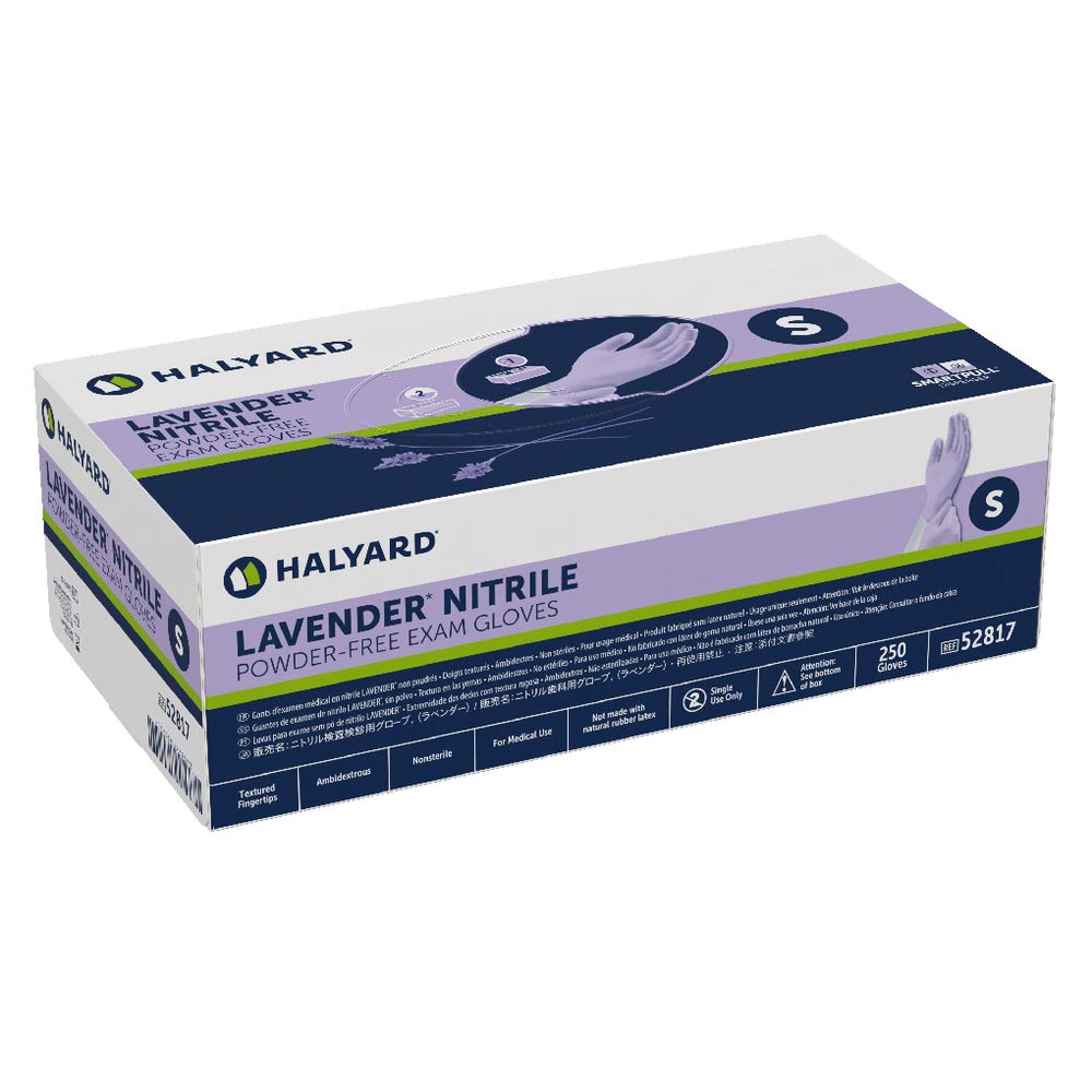 Halyard 52817 Lavender Nitrile Exam Gloves, Powder-Free, Non-Sterile, Small, 250/bx