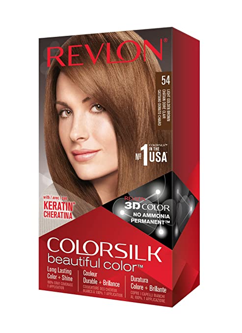 Permanent Hair Color by Revlon, Permanent Hair Dye, Colorsilk with 100% Gray Coverage, Ammonia-Free, Keratin and Amino Acids, 54 Light Golden Brown, 4.4 Oz