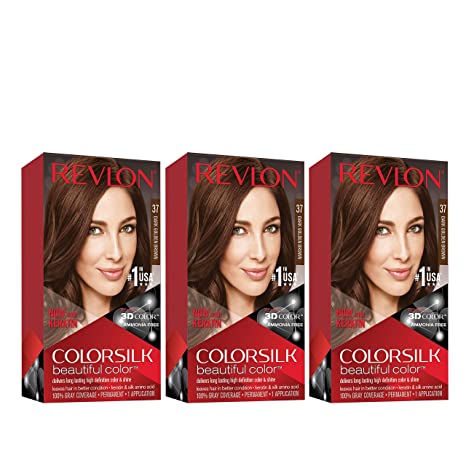 Permanent Hair Color by Revlon Permanent Hair Dye Colorsilk with 100% Gray Coverage Ammonia-Free Keratin and Amino Acids #37 Dark Golden Brown 4.4 Oz (Pack of 3)