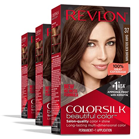 Permanent Hair Color by Revlon Permanent Hair Dye Colorsilk with 100% Gray Coverage, Ammonia-Free, Keratin and Amino Acids #37 Dark Golden Brown (Pack of 3)