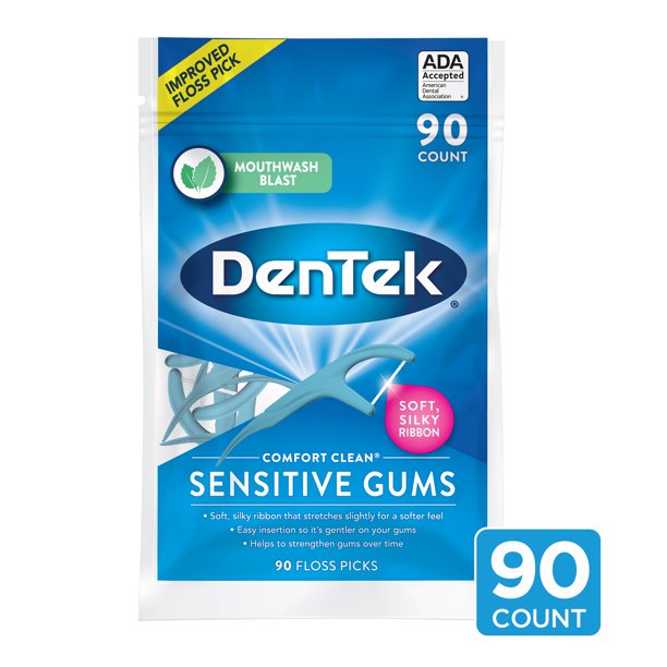 Dentek Comfort Clean Soft & Silky Floss Picks Sensitive Gums, Mouthwash Blast, 90ct, 3-Pack