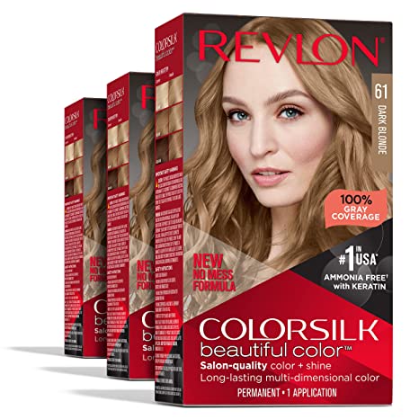 Permanent Hair Color by Revlon Permanent Hair Dye Colorsilk with 100% Gray Coverage, Ammonia-Free Keratin and Amino Acids #61 Dark Blonde (Pack of 3)