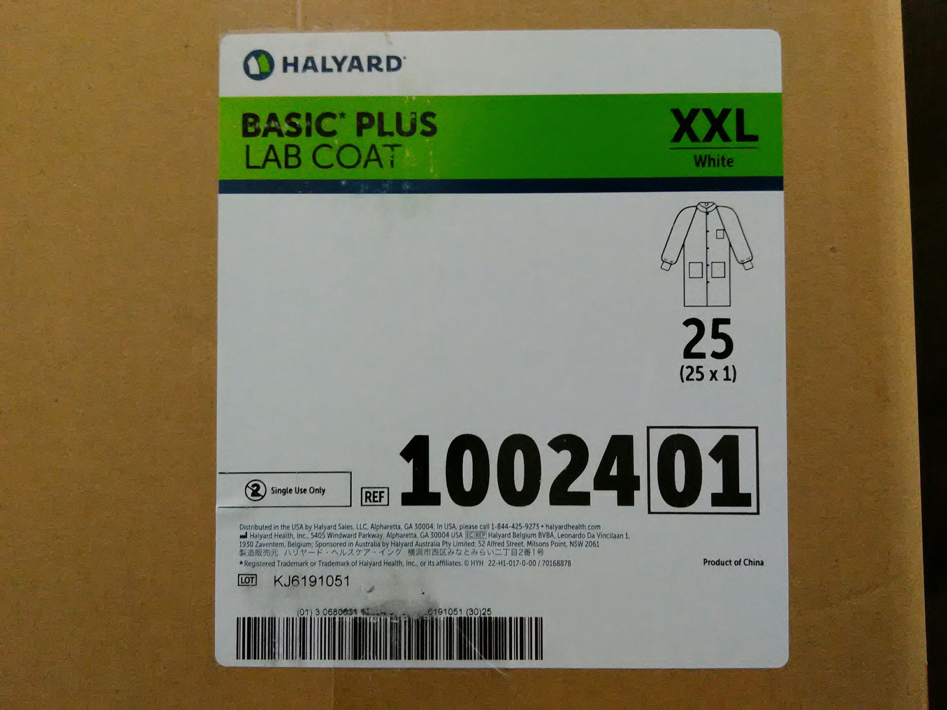 HALYARD 10024 BASIC PLUS LAB COAT, 3-LAYER FABRIC, WHITE, XX-LARGE 25/cs