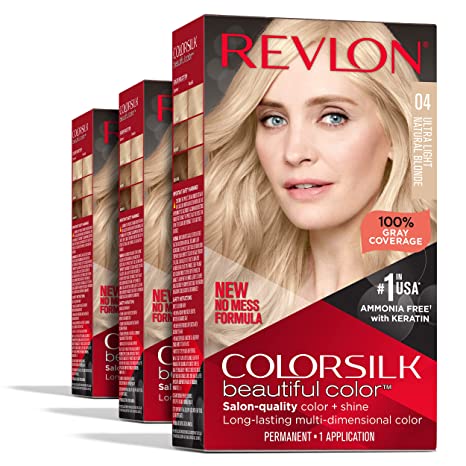 Permanent Hair Color by Revlon Permanent Hair Dye Colorsilk with 100% Gray Coverage, Ammonia-Free Keratin and Amino Acids #04 Ultra Light Natural Blonde (Pack of 3)