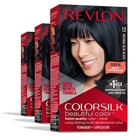 Permanent Hair Color by Revlon, Permanent Hair Dye, Colorsilk with 100% Gray Coverage, Ammonia-Free, Keratin and Amino Acids, 012 Natural Blue Black, (Pack of 3)