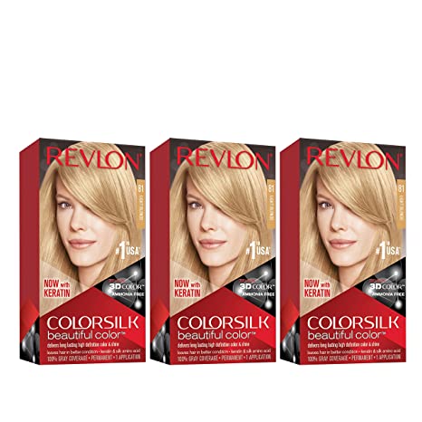 Permanent Hair Color by Revlon, Permanent Hair Dye, Colorsilk with 100% Gray Coverage, Ammonia-Free, Keratin and Amino Acids, 81 Light Blonde, 4.4 Oz (Pack of 3)