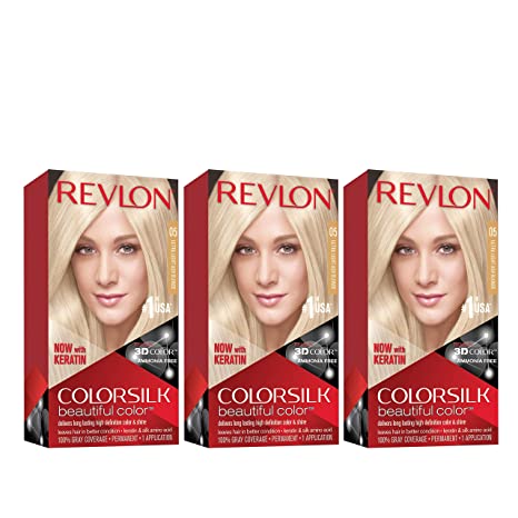 Permanent Hair Color by Revlon, Permanent Hair Dye, Colorsilk with 100% Gray Coverage, Ammonia-Free, Keratin and Amino Acids, 05 Ultra Light Ash Blonde, 4.4 Oz (Pack of 3)