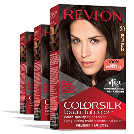 Permanent Hair Color by Revlon, Permanent Hair Dye, Colorsilk with 100% Gray Coverage, Ammonia-Free, Keratin and Amino Acids, 20 Brown Black, 4.4 Oz (Pack of 3)