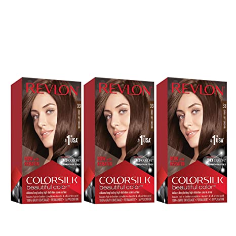 Permanent Hair Color by Revlon Permanent Hair Dye Colorsilk with 100% Gray Coverage, Ammonia-Free, Keratin and Amino Acids #33 Dark Soft Brown 4.4 Oz (Pack of 3)