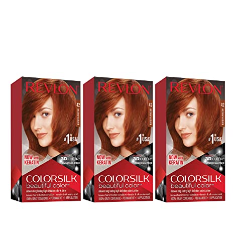 Permanent Hair Color by Revlon, Permanent Hair Dye, Colorsilk with 100% Gray Coverage, Ammonia-Free, Keratin and Amino Acids, 42 Medium Auburn, 4.4 Oz (Pack of 3)