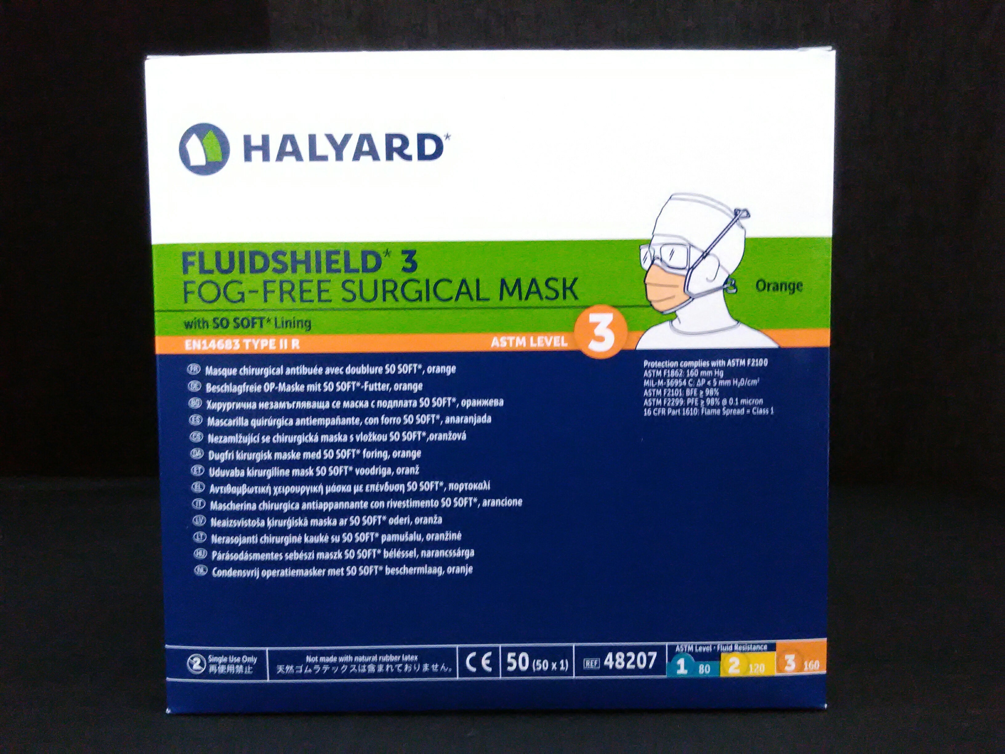 HALYARD 48207 Fluidshield Fog-Free Surgical Mask, Orange 300/cs