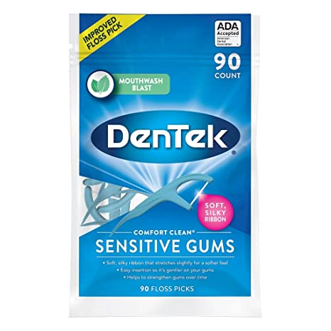 DEN-00920 DenTek Comfort Clean Sensitive Gums Floss Picks, Soft & Silky Ribbon 90 Count