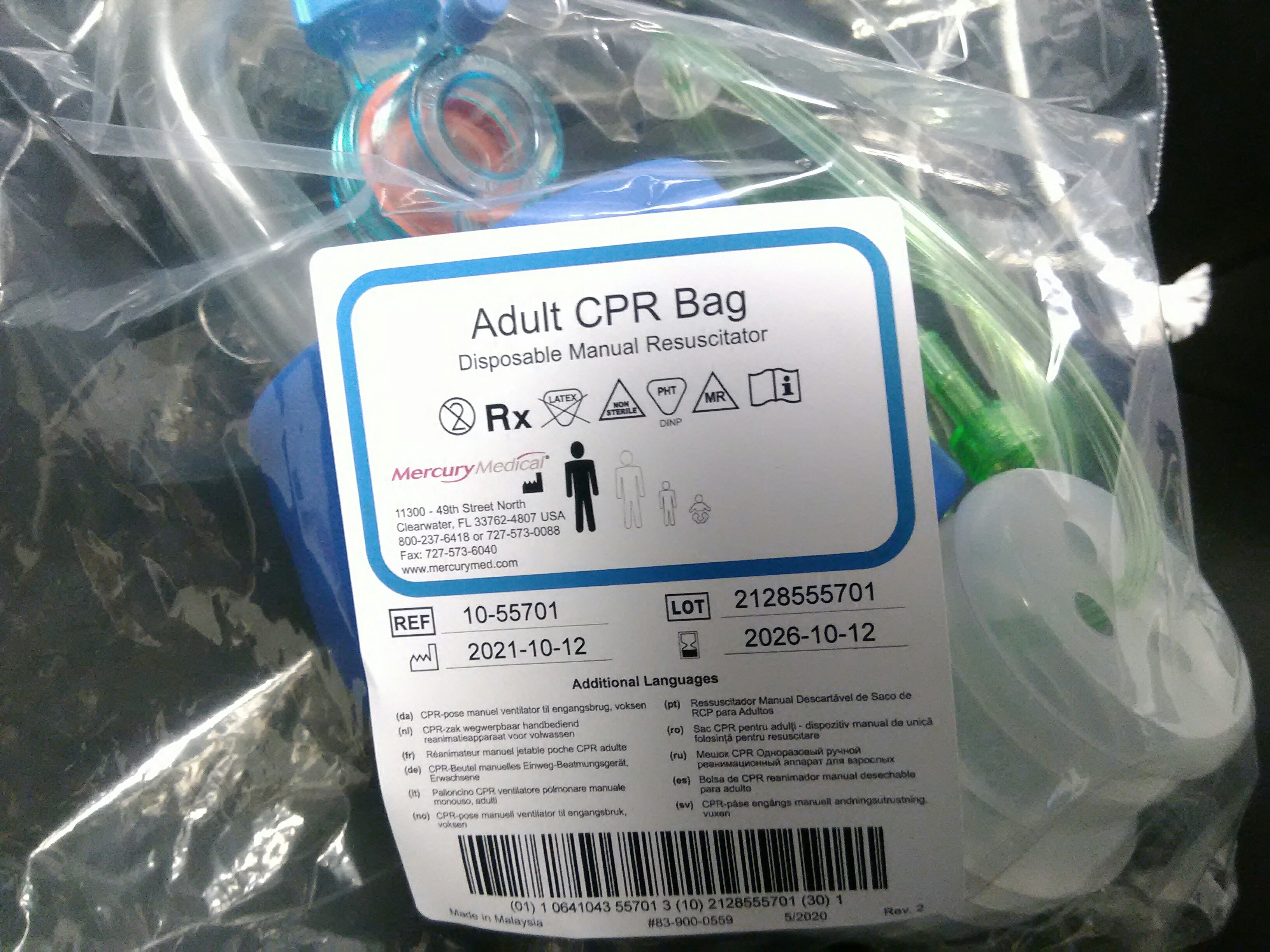 MERCURY 1055701 BAG CPR ADULT W/MASK LG BORE RES