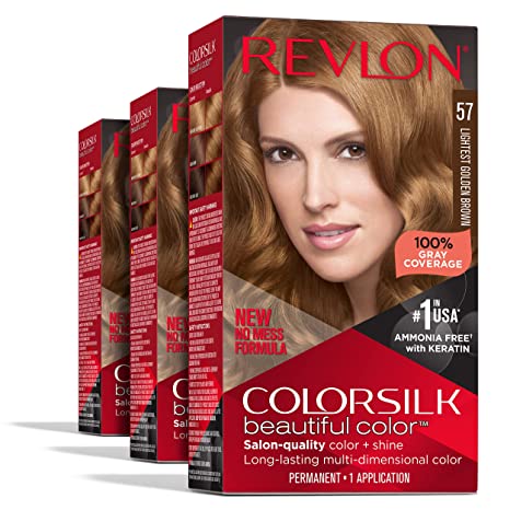 Permanent Hair Color by Revlon, Permanent Hair Dye, Colorsilk with 100% Gray Coverage, Ammonia-Free, Keratin and Amino Acids, 057 Lightest Golden Brown, (Pack of 3)