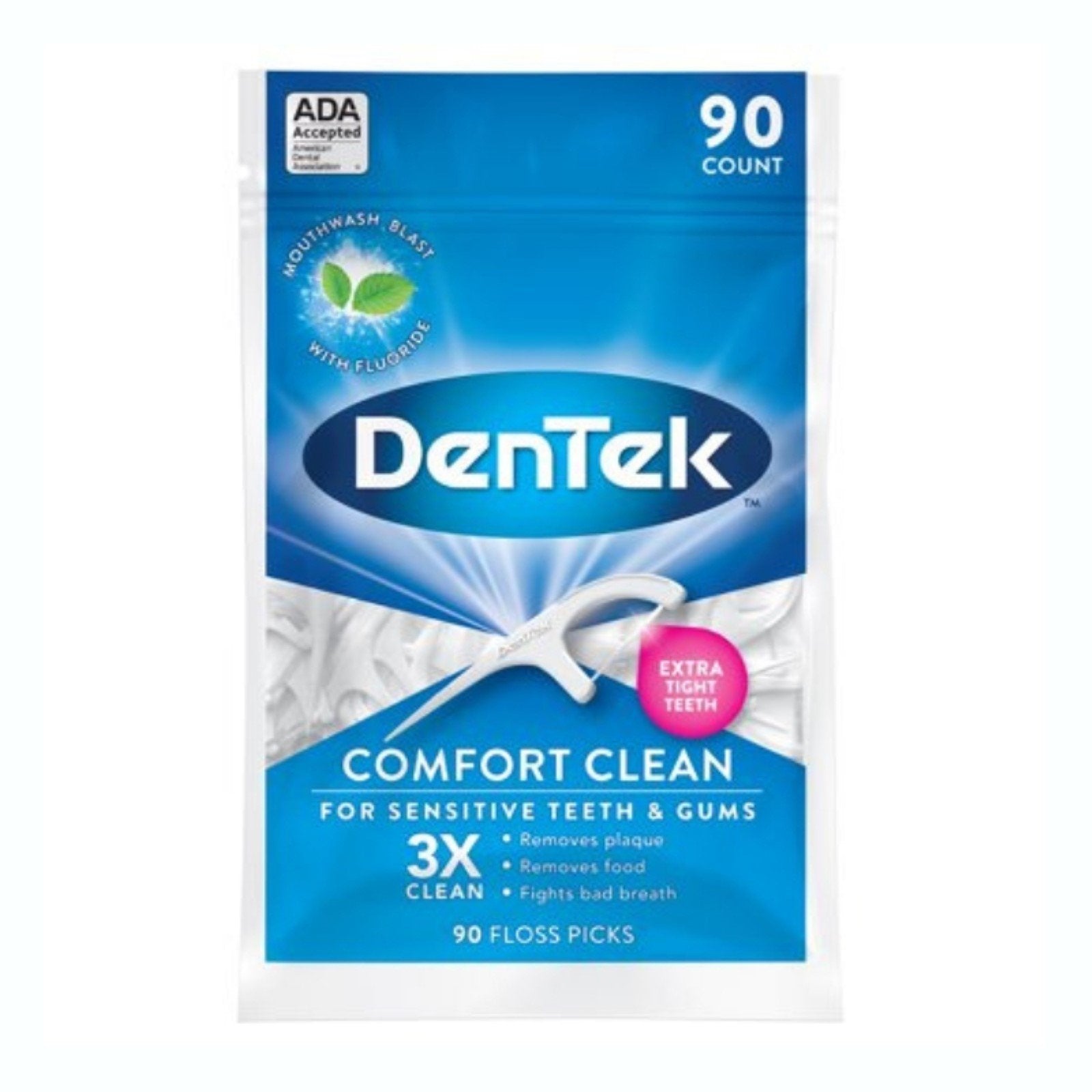 Dentek Comfort Clean Soft & Silky Floss Picks Sensitive Gums, Mouthwash Blast, 90ct, 6-Pack