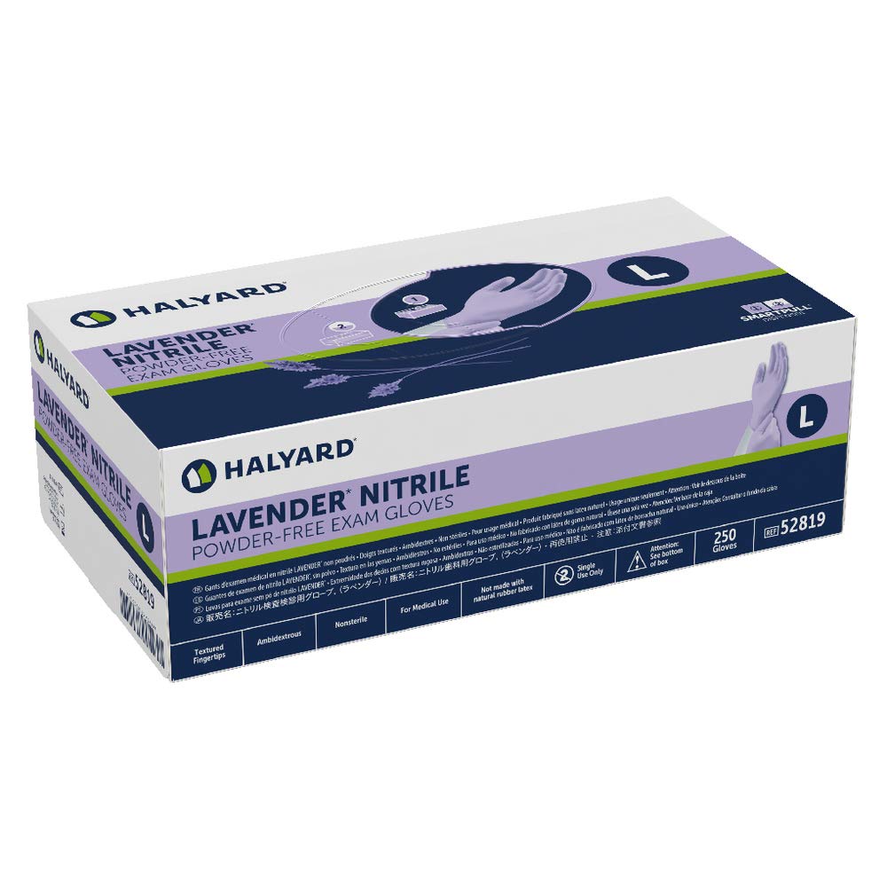 Halyard 52819 Lavender Nitrile Exam Gloves, Powder-Free, Non-Sterile, Large, 250/bx