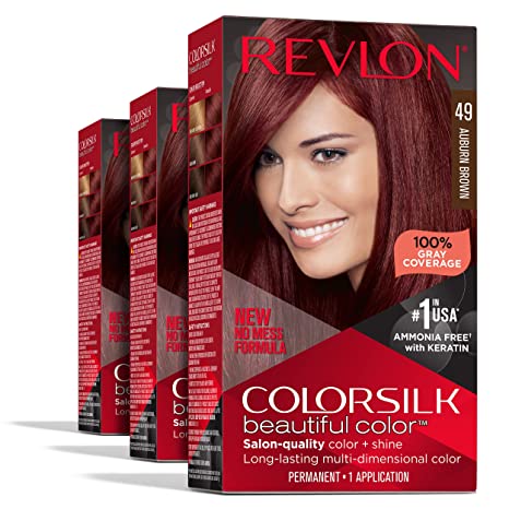 Permanent Hair Color by Revlon, Permanent Hair Dye, Colorsilk with 100% Gray Coverage, Ammonia-Free, Keratin and Amino Acids, 049 Auburn Brown, (Pack of 3)