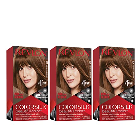 Permanent Hair Color by Revlon, Permanent Hair Dye, Colorsilk with 100% Gray Coverage, Ammonia-Free, Keratin and Amino Acids, 43 Medium Golden Brown, 4.4 Oz (Pack of 3)